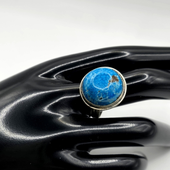 Native American Classic Ring - 925 Silver - Genuine Blue Turquoise Stone Size 12 - Picture 1 of 6